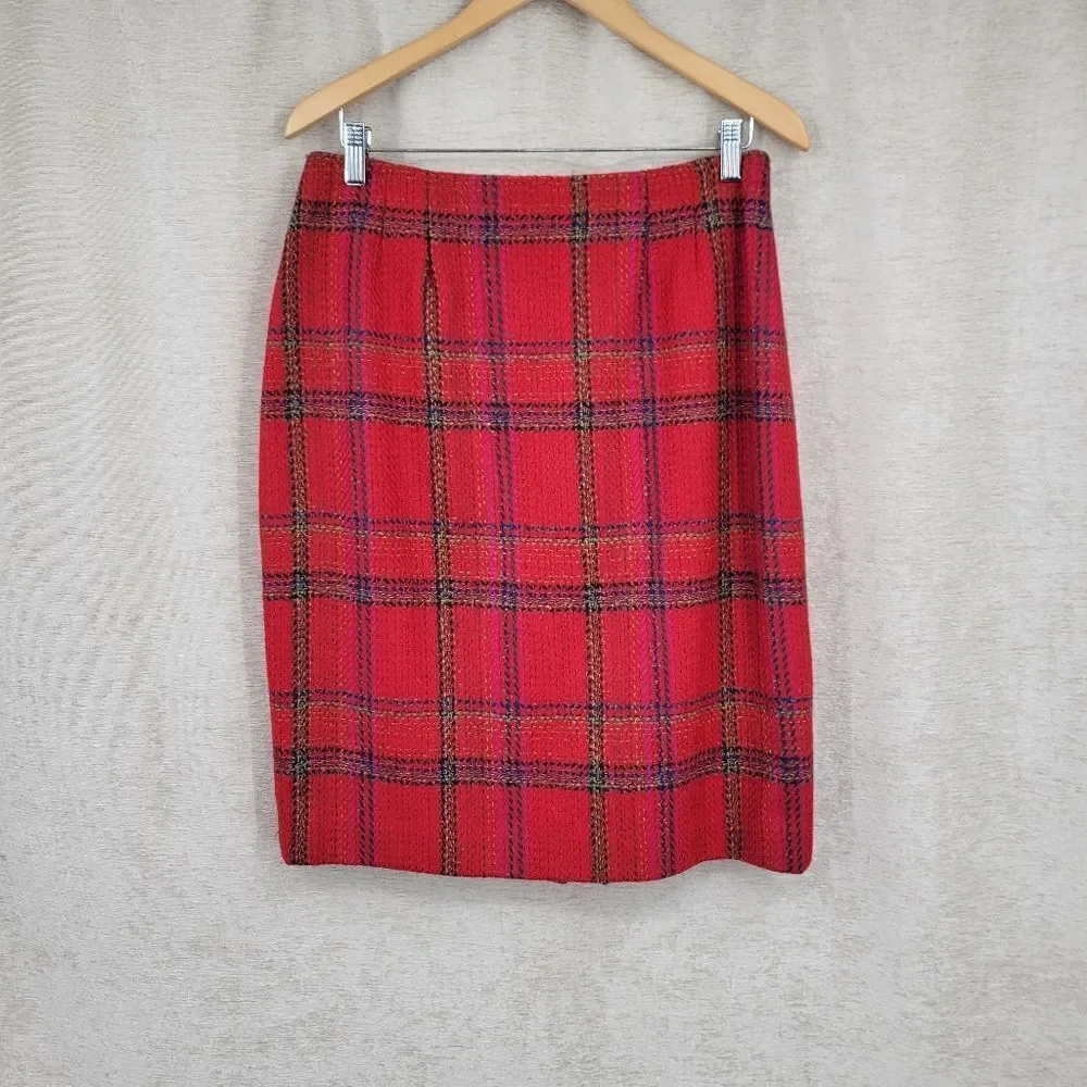 Ellen Tracy Red Plaid Blazer Double Breasted Gold Buttons Skirt Suit Set Tweed